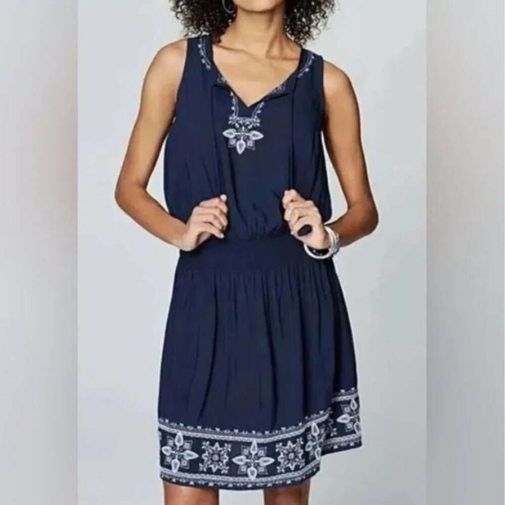 J. Jill Dress SP Blue Everyday Blum Embroidered Sleeveless Smocked‎ Waist Boho